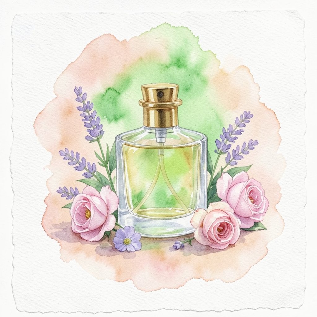 Soft watercolour of a glass perfume bottle with a golden cap, surrounded by gentle lavender and rose blooms against a blush-toned wash.